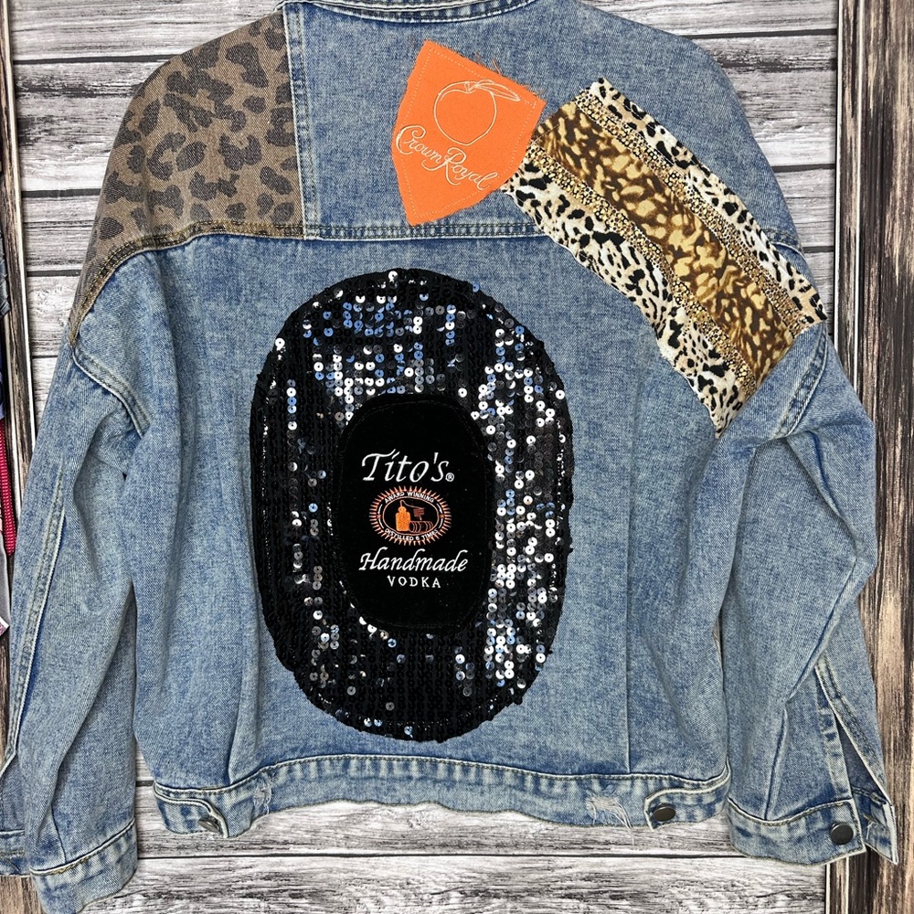 Recycled UpCycled Vintage NWOT Tito’s Crown Royal Denim Jean Jacket Gypsy Hippie